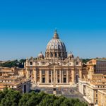 Aerial view of St. Peter's Basilica in Rome, Italy, with its iconic dome and surrounding architecture.