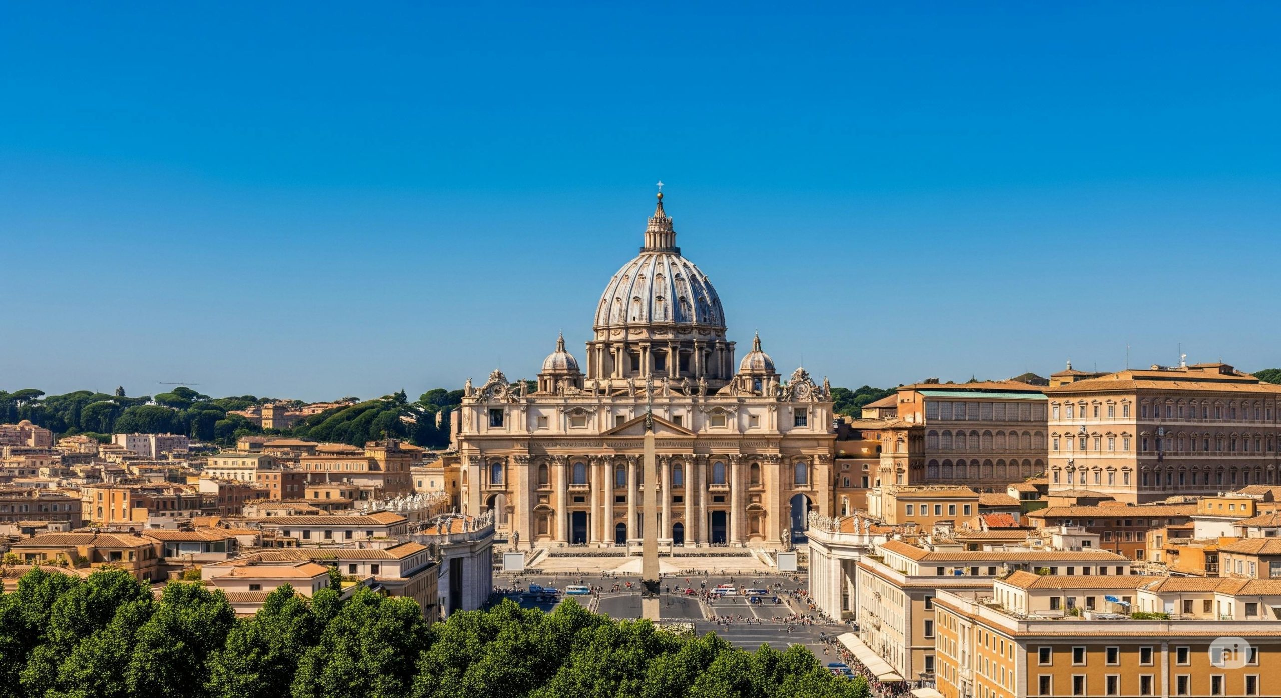 Aerial view of St. Peter's Basilica in Rome, Italy, with its iconic dome and surrounding architecture.
